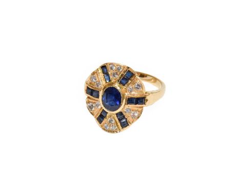 A synthetic sapphire and diamond ring, stamped '18K', finger size OCondition report: Gross weight 5.7 grams.