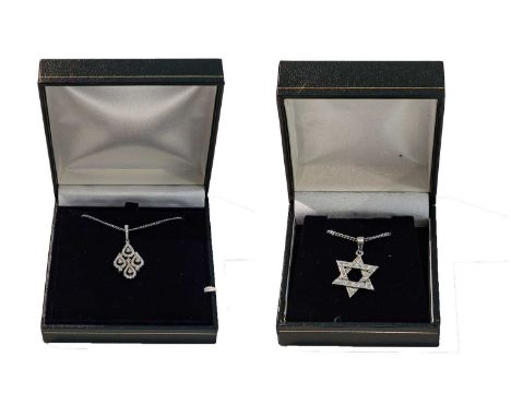 A diamond Star of David pendant on chain, chain length 61.5cm; and another diamond pendant on chain, chain length 49cmConditi