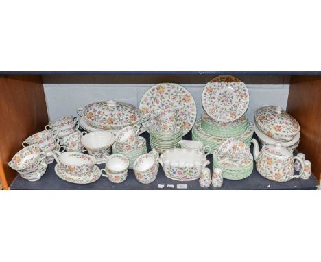 A comprehensive Minton Haddon Hall dinner service, including tureens, teapot, sauceboat, cruet set, etc (one shelf)