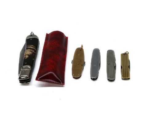 A 9ct Gold Pocket-Knife; a further pocket-knife, the suspension ring stamped '14k' and three other pocket-knives (5)