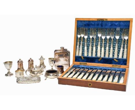 A Collection of Assorted Silver and Silver Plate, the silver including: a three-piece condiment-set on lion mask capped paw f