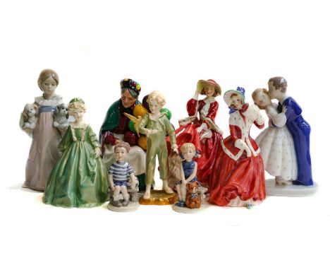 A collection of porcelain figures including Royal Worcester Grandmother's Dress, the Parakeet, Royal Doulton Top 'o the Hill,