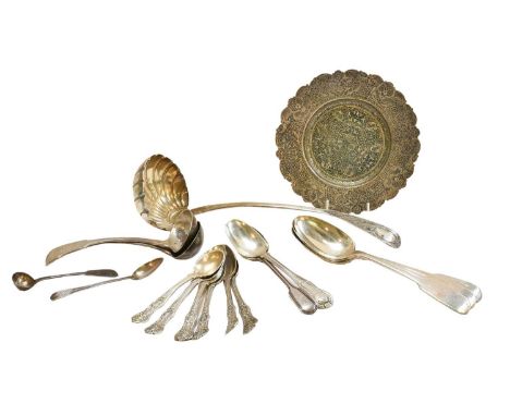 A Victorian silver soup ladle, London, 1897, together with a quantity of silver flatware including three serving spoons by Wi