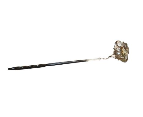 A George II Silver and Twisted Whale-Bone Toddy-Ladle, Maker's Mark Worn, London, 1755, the bowl shaped-oval and with bifurca