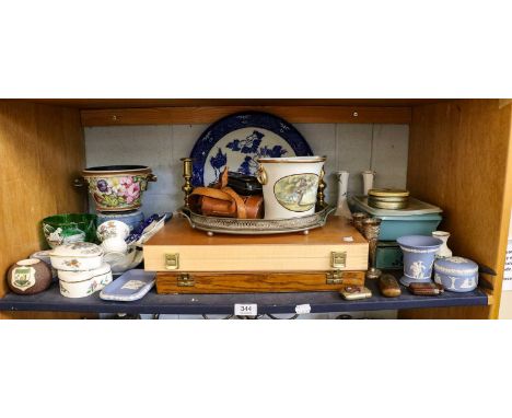 An early 19th century English porcelain bough pot painted with a landscape, assorted Wedgwood blue Jasperware, Aynsley Pembro