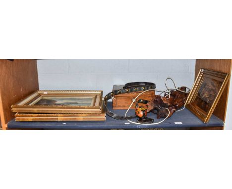 A Japanese carved figural lamp, horse leather with brass mounts, and painted workbox, chrystoleum, and pair of oils (6)