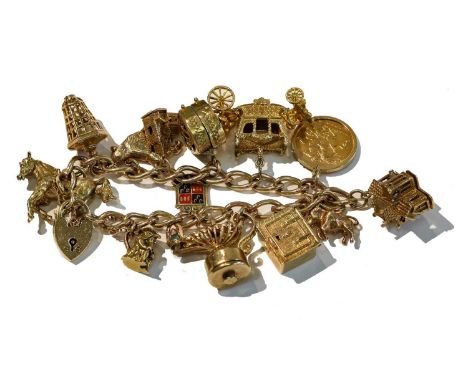 A curb link bracelet, stamped '9' and '.375', hung with thirteen charms including a half sovereign dated 1910, a horse, a poo