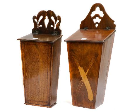 Two George III mahogany hanging knife boxes, together with two brass pierced trivets, pair of fire bellows and a copper bed w