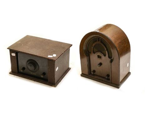 1929-30, the typical gothic arched wooden case with inset fretted speaker grille (missing back panel); a Curry's Ltd early 19