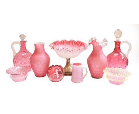 A quantity of Victorian cranberry and satin glass items, including: a Bonbon dish on a silver-plated pedestal and Mary Gregor