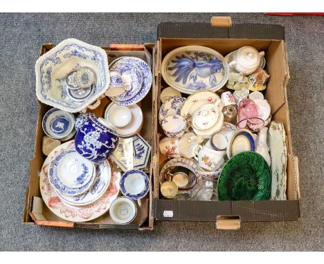 Four boxes of ceramics and glass etc including Derby teawares in the Derby Posies pattern, Minton chamber pot, Royal Worceste