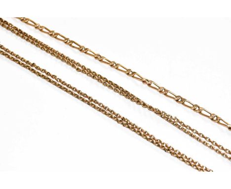 A 9 carat gold fancy link necklace, length 45.5cm; and another chain, clip stamped '9CT', length 143cmCondition report: Gross