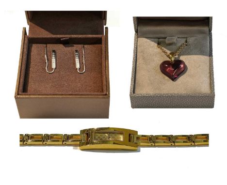 A lady's Gucci wristwatch; a pair of Gucci drop earrings, stamped '750', length 5.7cm; and a Lalique purple glass heart-shape