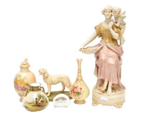 A Royal Worcester twin-handled vase painted with a pheasant by James Stinton, shape number 155 (restored), 8cm, two Royal Wor