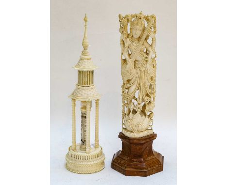 A 19th Century Holtzapffel turned ivory tower thermometer; a 19th century curved Indian ivory figure of a deity (2)