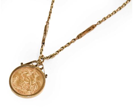 A sovereign dated 1911 mounted as a pendant on chain, chain length 52.5cmCondition report: Mount hallmarked 9 carat gold. Cha