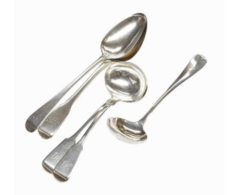 A Pair of George IV Silver Sauce-Ladles, by John, Henry and Charles Lias, London, 1827, fiddle pattern, engraved with initial