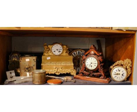 A selection of clocks including Victorian black slate and malachite set striking mantel clock, a French gilt metal striking m