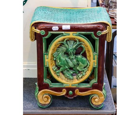 A Pair of Minton Majolica Garden Seats, 1863, of square form with faux rattan seats over pierced panels with mythical beasts 