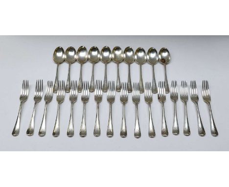 A Silver Plate Table Service, Hanoverian pattern, engraved with a crest, comprising:7 table-forks10 table-spoons16 dessert-fo