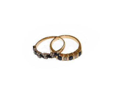 A sapphire and diamond five stone ring, unmarked, finger size N; and a 9 carat gold sapphire and white stone ring, finger siz