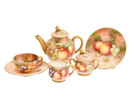 A Royal Worcester fruit painted child's part teaset, comprising teapot, sucrier, milk jug, cup, saucer, and side plate, black