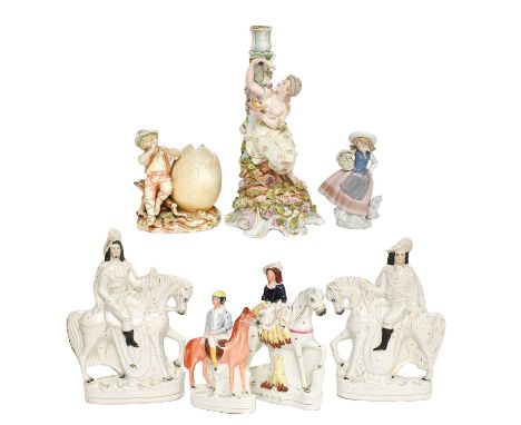 A Sitzendorf candlestick, similar figural vase, four Staffordshire figures, Lladro figure, porcelain box, quantity plated war