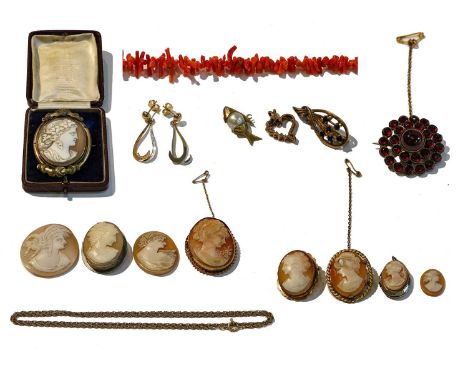 A collection of jewellery including nine shell cameos; a coral necklace, length 42cm; a 9 carat gold synthetic ruby and diamo