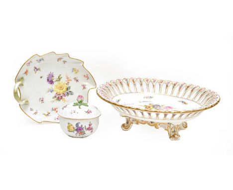 A Copeland basket, a Meissen leaf dish and sucrierCondition report: Copeland basket in good condition. Meissen leaf dish with