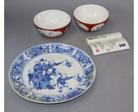 A group of four Chinese ceramics, two bowls, plate and chopstick stand