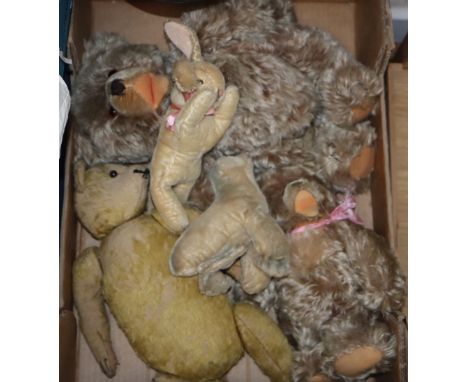 Two Steiff Zotty, rabbit, walrus and an early bear, 1920's threadbare.