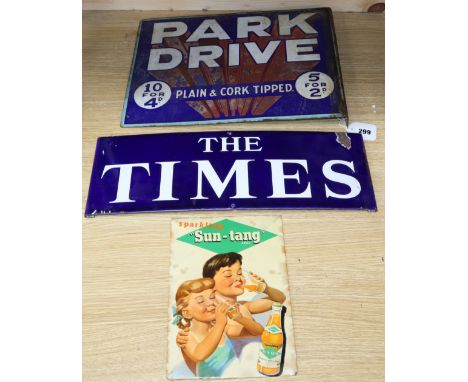 A Park Drive Cigarettes double sided enamel sign, The Times enamel sign and a Sun-Tang sign