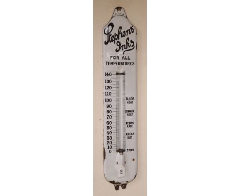 A Stephens' Inks enamel thermometer sign, glass bulb lacking, overall length 91cm