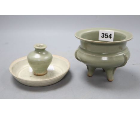 A Chinese celadon tripod censer and jarlet and a qingbai dish, censer 9cm highCONDITION: small vase heavily crazeddish has a 