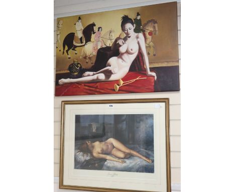 Asian School, modern oil on canvas, Nude before an antique screen, 61 x 91.5cm, unframed and a modern print of a reclining nu