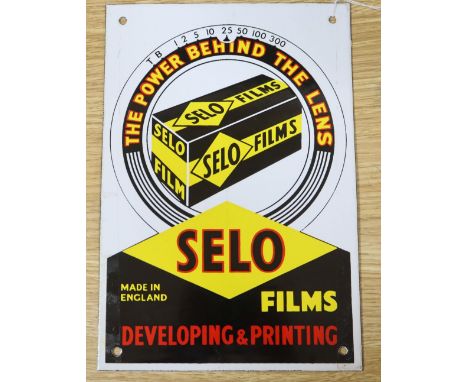 'The Power Behind The Lens' Selo Films developing and printing enamel sign, 26 x 18cm