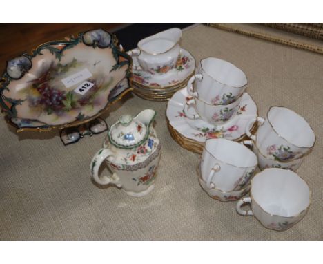 A Crown Derby. 'Derby Posies' tea set, Worcester comport and a Copeland lidded jug