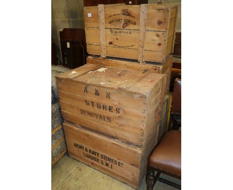 Five vintage Army &amp; Navy wooden packing crates, W.84cm, D.49cm, H.46cm