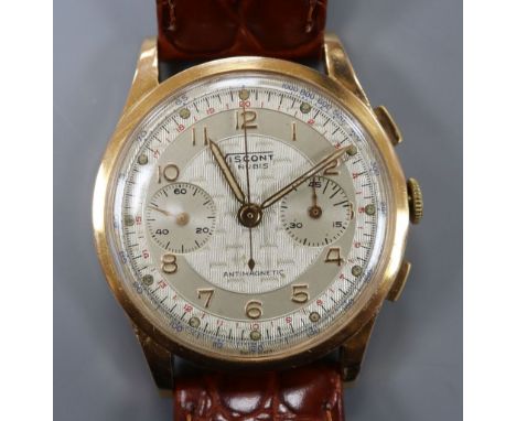 A gentleman's 1950's 18k Viscont chronograph manual wind wrist watch, with textured dial, on later associated leather strap.C