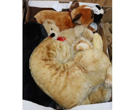 Two Steiff dogs, one Steiff lion and a bear and snail. All Steiff.