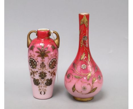 Two Bohemian gilt enamel pink glass vases, possibly Moser, tallest 18cm