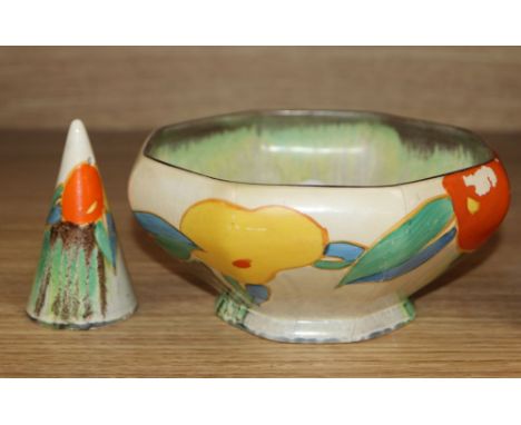 A Clarice Cliff Delecia Citrus conical salt, 8cm and an octagonal bowlCONDITION: The bowl has been heavily and obviously rest