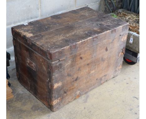 A Victorian iron bound pine travelling trunk, W.84cm, D.53cm, H.54cm
