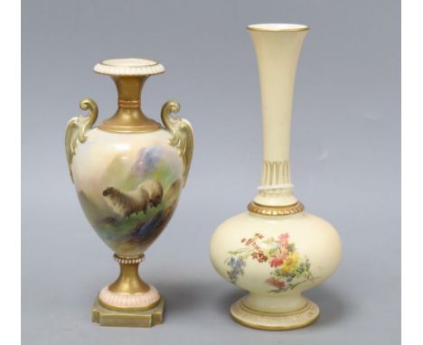 A Royal Worcester two-handled pedestal vase painted with sheep, signed E. Barker, and another vase, tallest 19.5cm (a.f.)COND