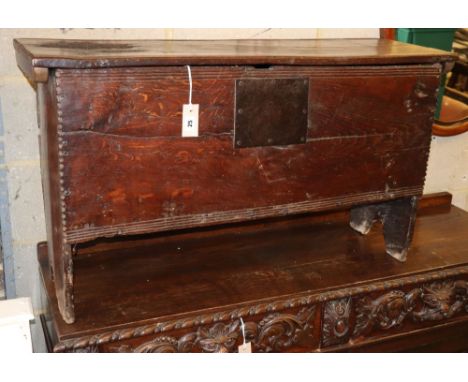 An 18th century Sussex oak six plank coffer, W.102, D.33cm, H.58cmCONDITION: The top has a large possibly burnt patch to the 