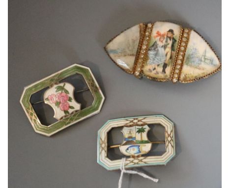 Two Bermuda sterling and enamel belt buckles, 5cm and a paste set gilt metal belt buckle.CONDITION: Minor damage to the ename