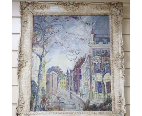 George Hann, oil on board, Street scene, signed, 54 x 44cm and a modern colour print of the Bath races