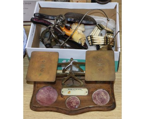 A set of postal scales, weights, a Meerschaum pipe, military compass etc