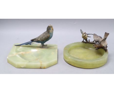 A cold painted bronze budgerigar dish and a blue dish