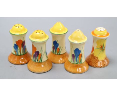 Five Clarice Cliff crocus pattern condiments, tallest 9cmCONDITION: One of the pair has a large chip to the base rim and a sm